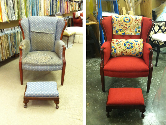 Before & After Reupholstered Chair & Ottoman