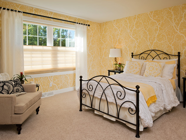 Custom Draperies over Vignette® Modern Roman Shades with Coordinating Wallpaper & Bedding