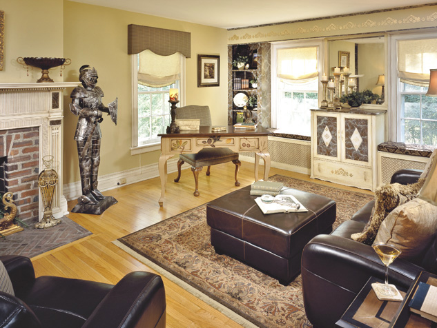 Custom Cornice & Roman Shades in the Living Room