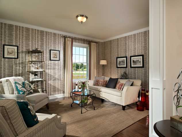 Custom Draperies, sofa and Wallpaper in the Living Room