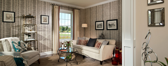 Custom Sofa, Draperies & Wallpaper in the Living Room